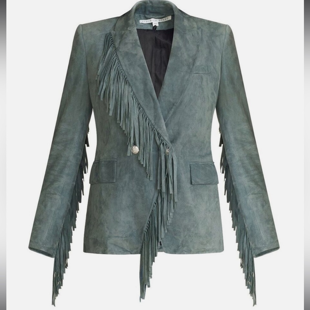 Veronica Beard Teal Suede Fringe Blazer